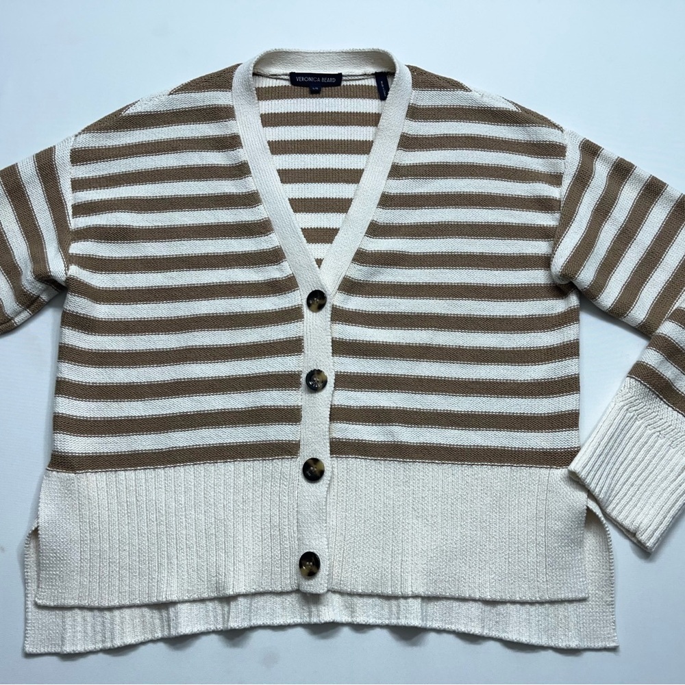VERONICA BEARD Heavy Knit Button Up Sweater Womens Large Brown White Striped